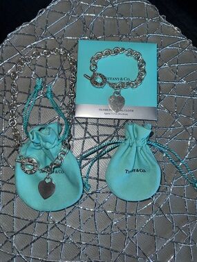 Tiffany & Co. Sterling Heart Tag Necklace & Bracelet Set with Blue Pouches